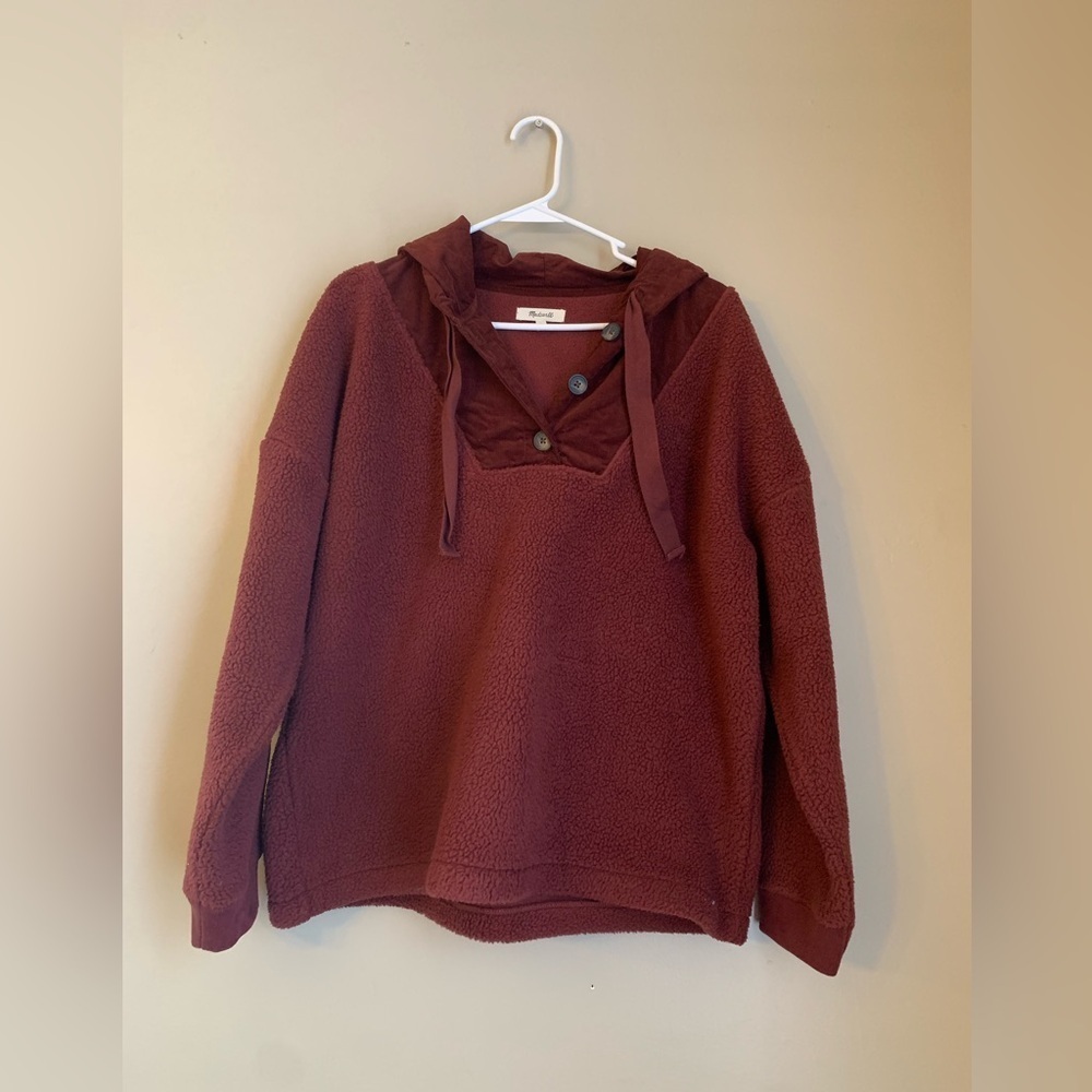 Madewell Sherpa Button-Front Hoodie Sweatshirt - brown red rust- LARGE Normcore